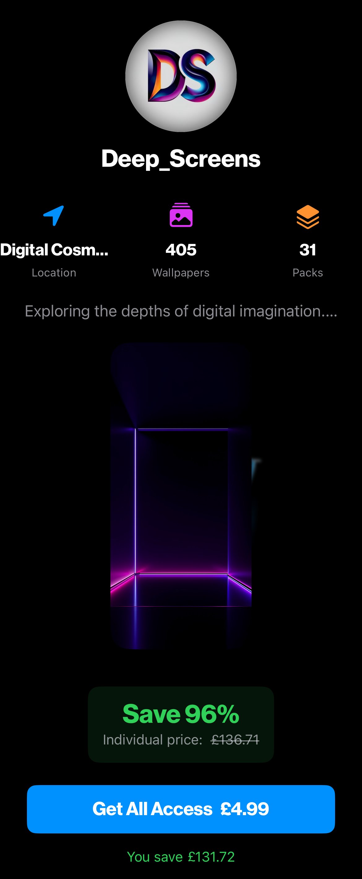 Show Walls app profile screen — Get All Access £4.99