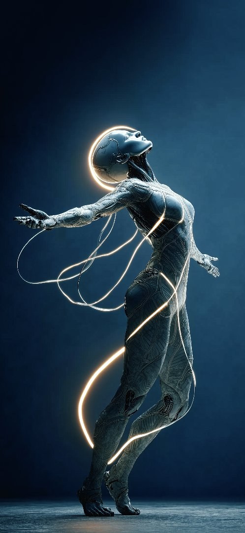 Cyberpunk figure with neon light trails wallpaper