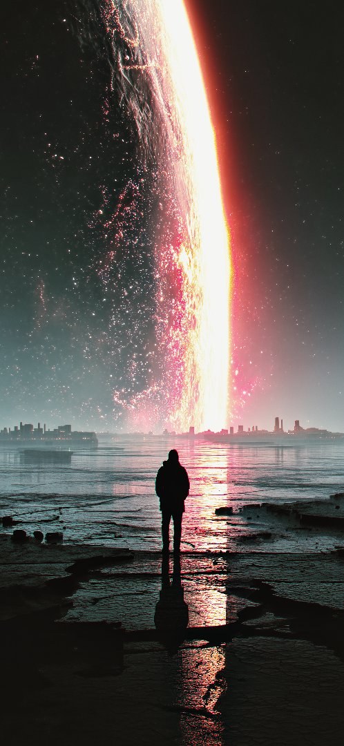 Lone figure watching planetary collision wallpaper