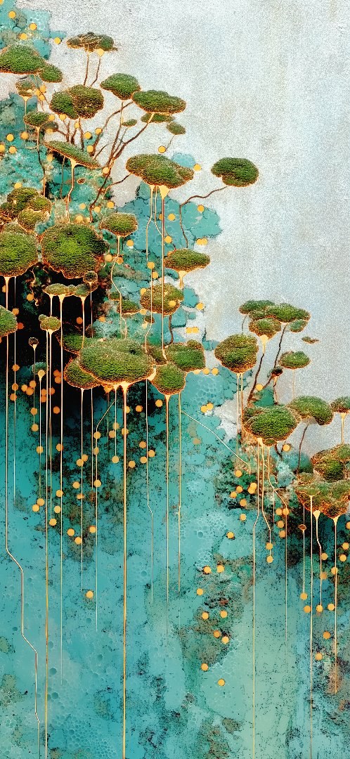 Gold drip bonsai forest teal ink wallpaper