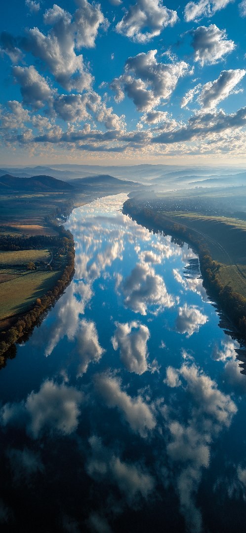 Aerial river cloud reflection wallpaper